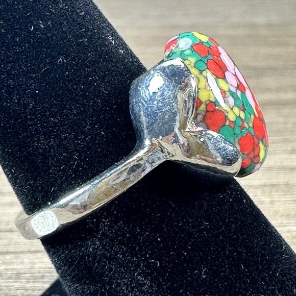 925 Sterling Silver Green Pink Red Mixed Stone Ring Smooth Oval Artistic Sz 8 - Picture 3 of 9